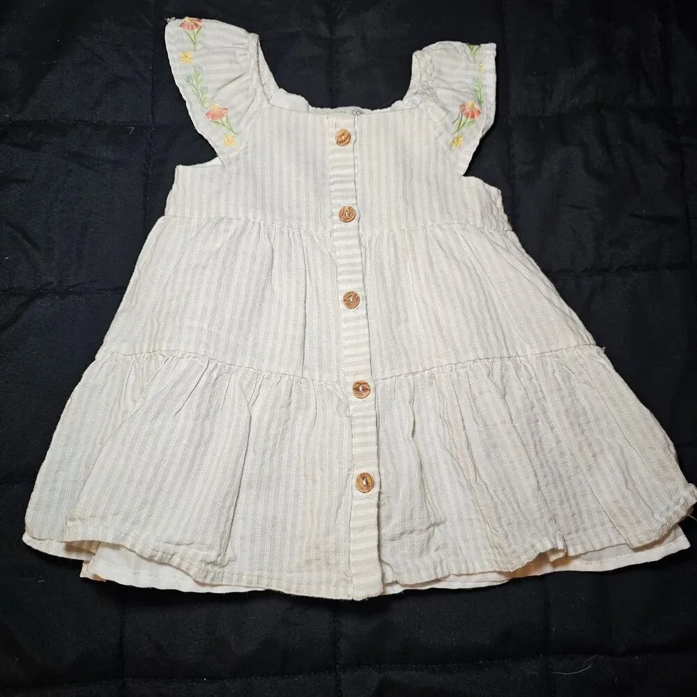 Rachel Zoe Toddler Girls White Cotton Tiered Dress Blue Stripes Floral 24M